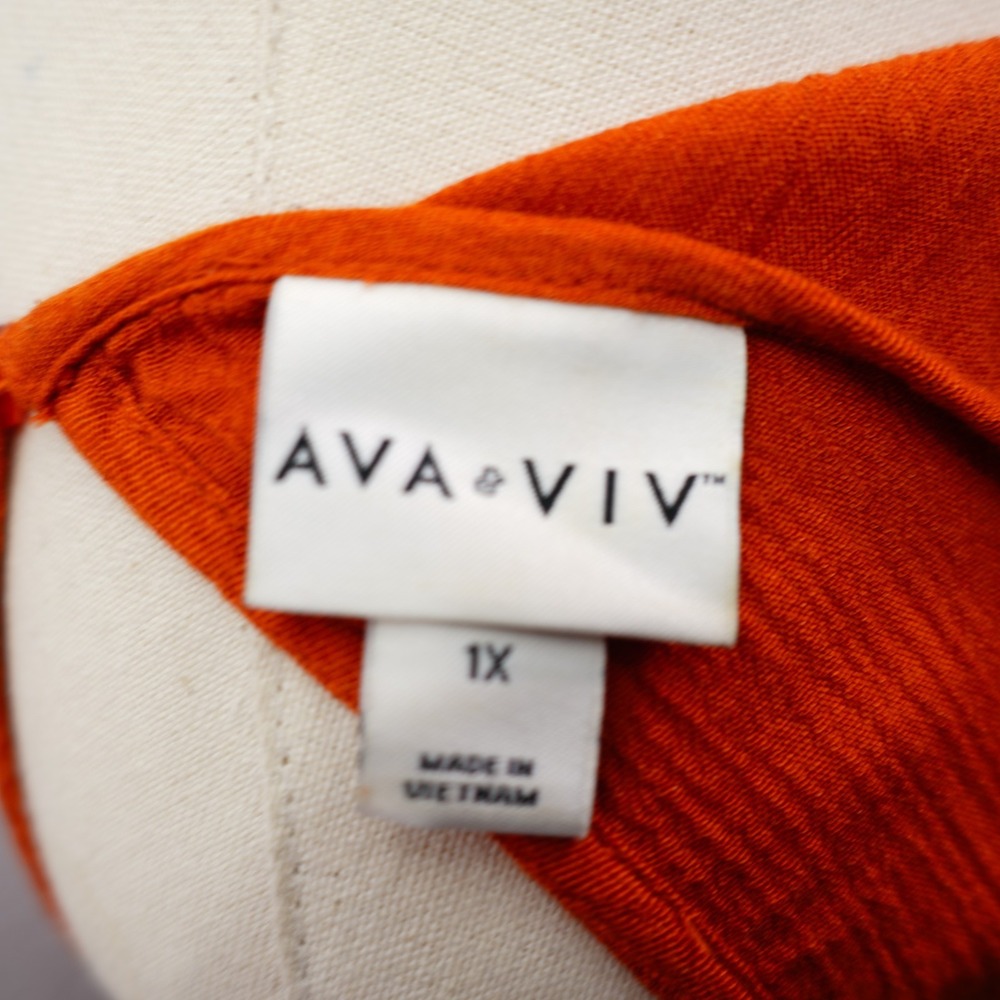 Ava Viv -1X- Orange Open Knit Floral Embroidered Blouse Round Neck Ribbed Rayon - Picture 6 of 7